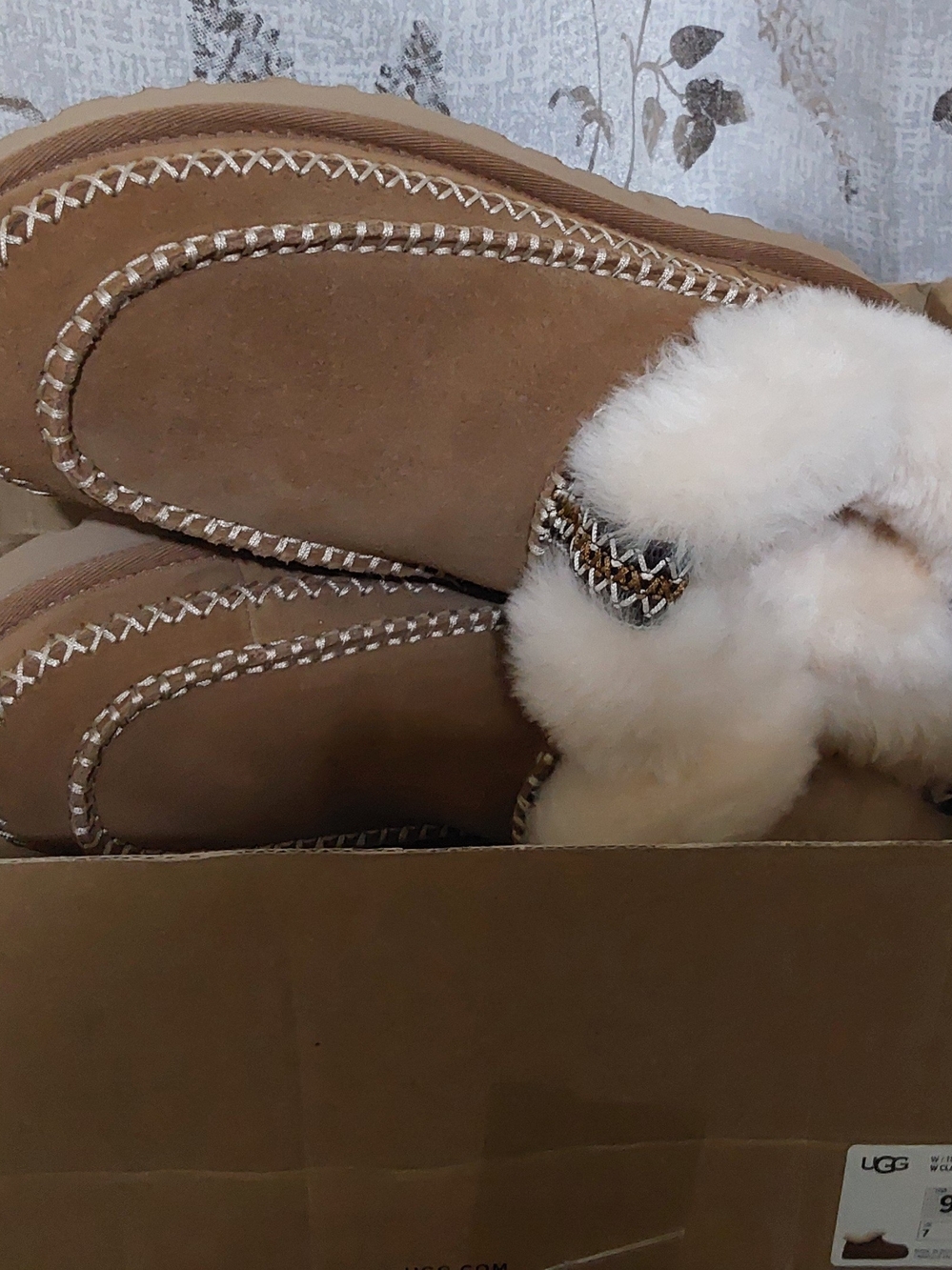 UGG Tan Suede Slipper Boots with Cream Shearling Cuff - Picture 5 of 15
